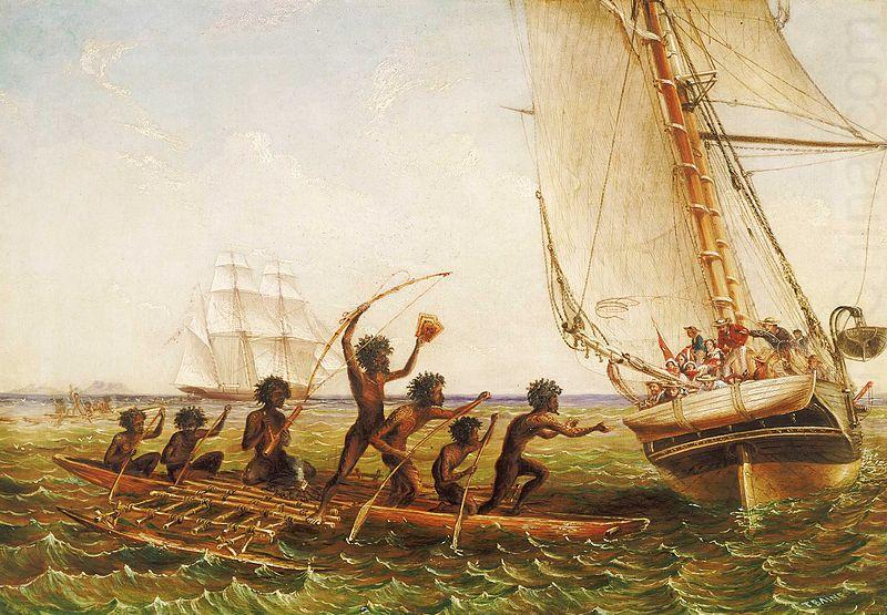 Aboriginal Canoes Communicating with the 'Monarch' and the 'Tom Tough', 28 August 1855, John Thomas Baines